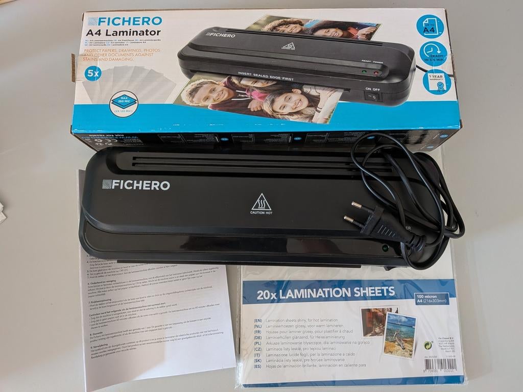 FICHERO A4 Laminator met 20 lamineerhoezen, Ophalen of Verzenden, Gebruikt