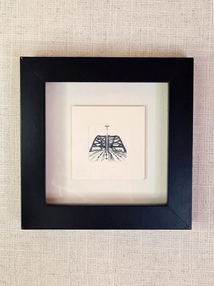 Etsje van Brienenoordbrug, Rotterdam met 3D lijstje 10x10 cm, Huis en Inrichting, Woonaccessoires | Schilderijen, Tekeningen en Foto's