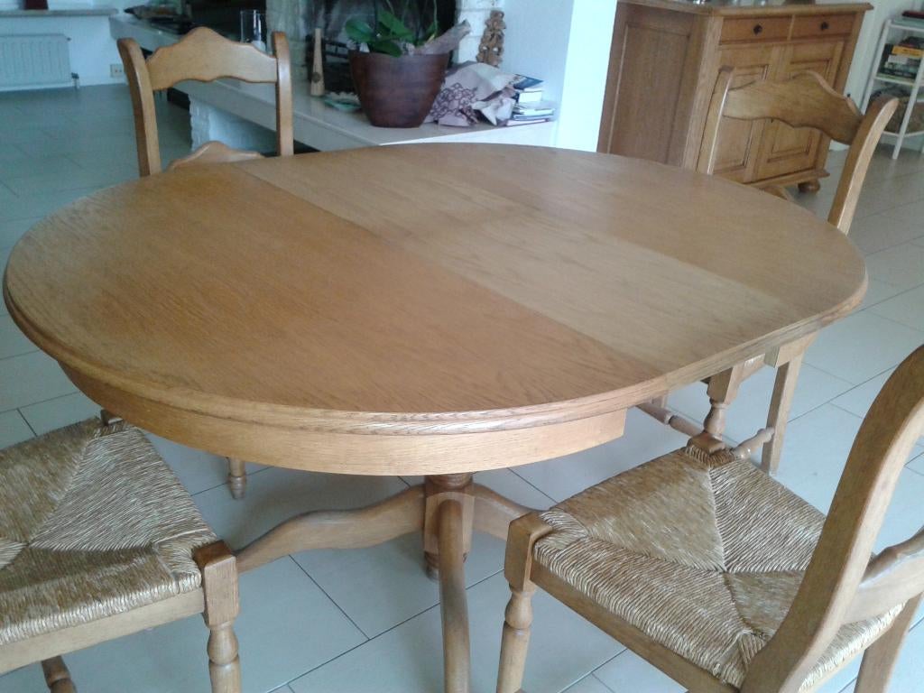 ronde eiken tafel uitrekbaar met 4 stoelen, Huis en Inrichting, Tafels | Eettafels, Ophalen, Gebruikt, 100 tot 150 cm, 100 tot 150 cm