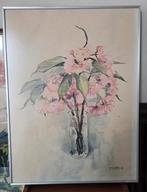 Ingelijst schilderij roze bloesem in vaas, Antiek en Kunst, Ophalen of Verzenden