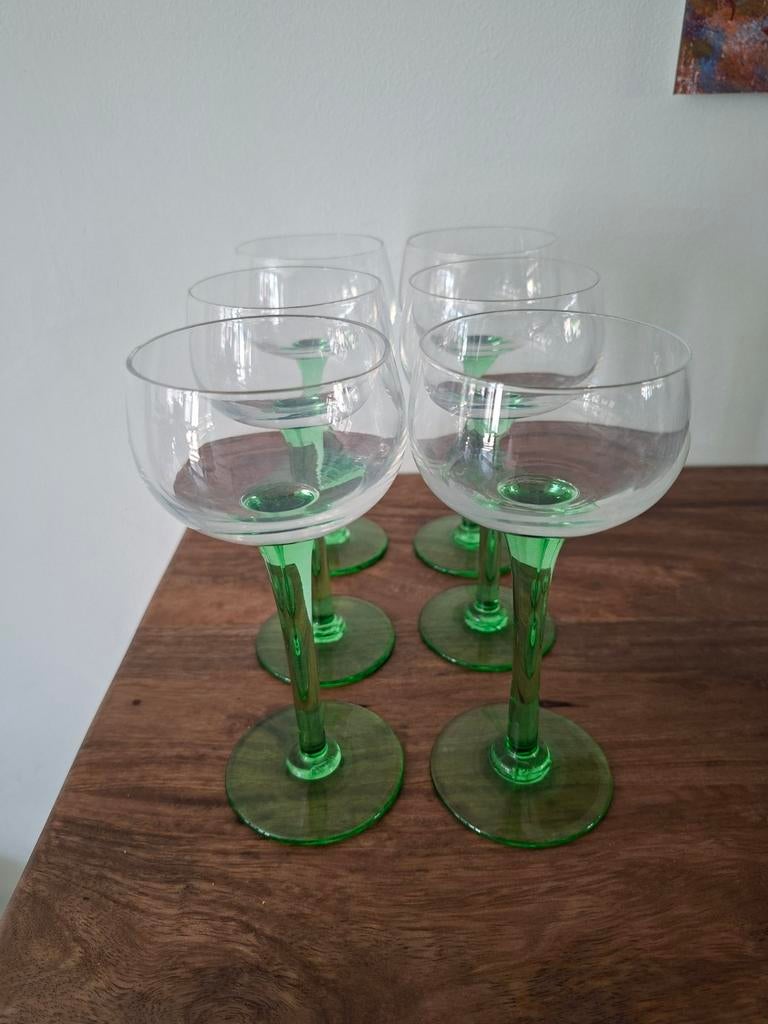 Wijnglazen Luminarc groene voet 6 stuks, Ophalen of Verzenden, Gebruikt, Overige typen