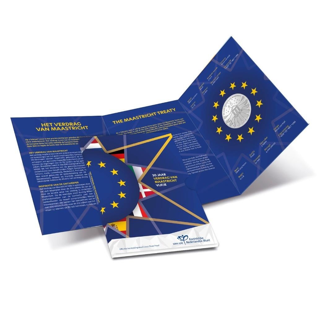 5 euro Nederland 2022 - Verdrag van Maastricht (Proof), Setje, Zilver, Overige landen, Ophalen of Verzenden