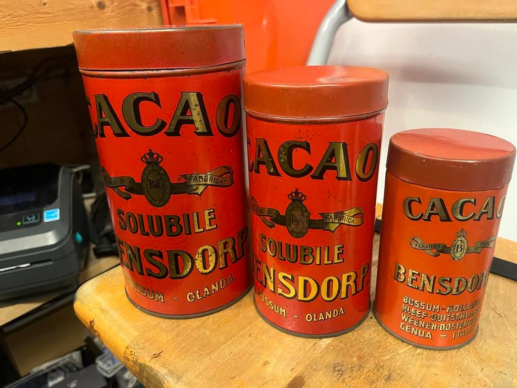 Set van 3 Vintage Bensdorp Cacao Blikken - Solubile Cacao, Ophalen of Verzenden, Gebruikt