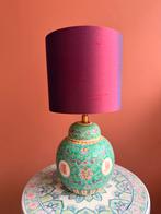 Turquoise gemberpot-lamp met roze zijden lampenkap dia 15, Ophalen of Verzenden, Nieuw, Stof, Minder dan 50 cm