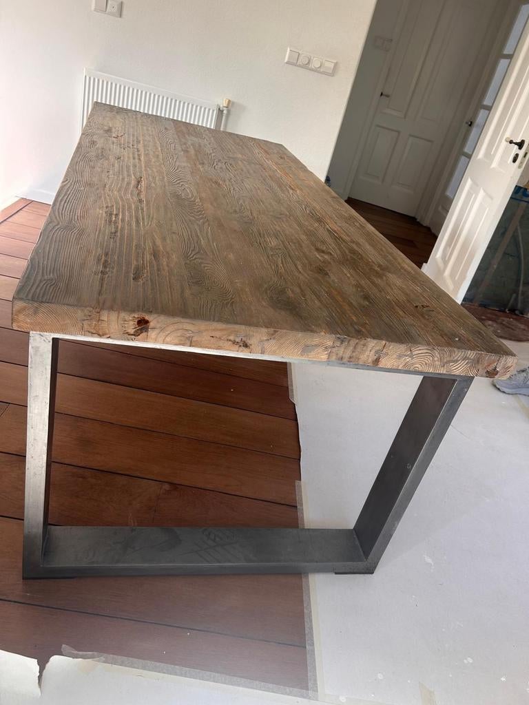 Eettafel massief blad metalen poot 220x100, Ophalen, Rechthoekig, 200 cm of meer, 100 tot 150 cm
