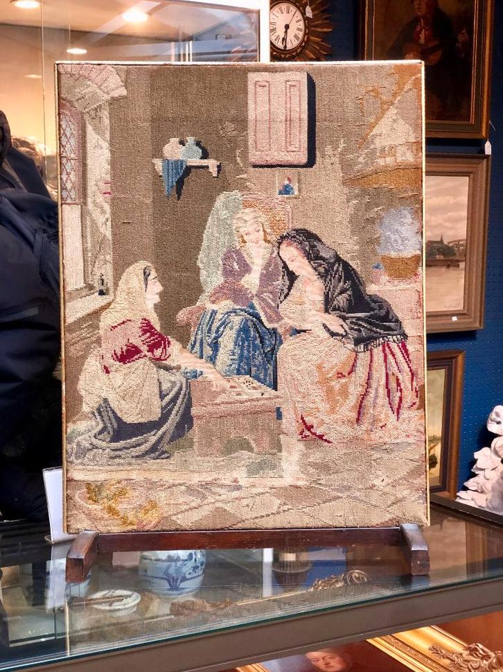 Gobelin in kader De kaarten worden gelegd, Antiek en Kunst, Antiek | Kleden en Textiel, Ophalen