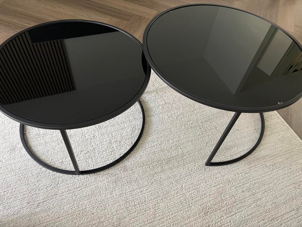 Set van 2 glazen salontafels - Zwart, Ophalen, Rond, 50 tot 100 cm, Minder dan 50 cm
