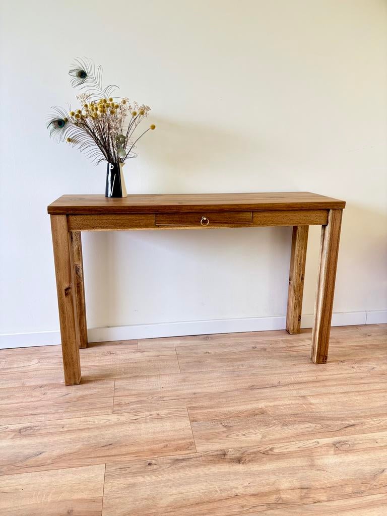 Massief houten sidetable met lade (120x38x77), Ophalen, 100 tot 150 cm, Scandinavisch, Zo goed als nieuw