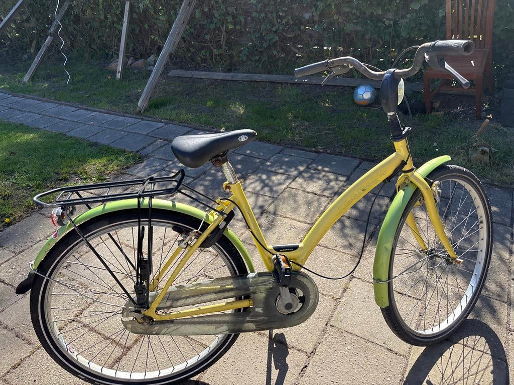 Gebruikte damesfiets, geel/groen, met bagagedrager, Velgrem, 50 tot 53 cm, Ophalen, Overige merken