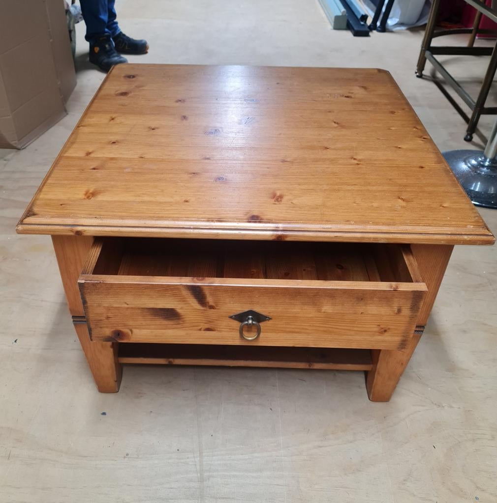 Vierkant Grenen houten salontafel met grote lade en legplank, Ophalen, 50 tot 100 cm, Vierkant, 50 tot 100 cm