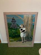 Olieverfschilderij meisje met kat in park, Ophalen of Verzenden