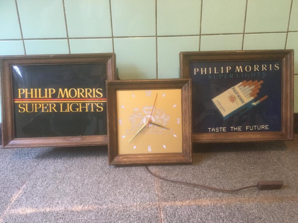 Lichtreclame met klok. Philip Morris, Verzamelen, Ophalen, Gebruikt, Lichtbak of (neon) lamp