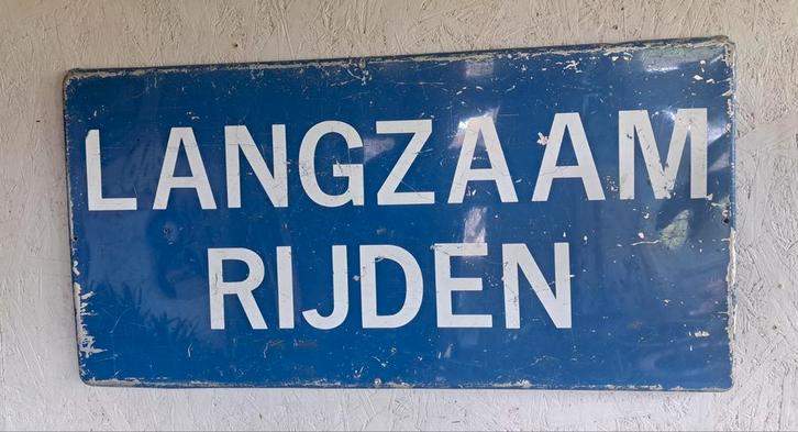 Oud verkeersbord 'Langzaam Rijden', Verzamelen, Merken en Reclamevoorwerpen, Gebruikt, Gebruiksvoorwerp, Ophalen of Verzenden