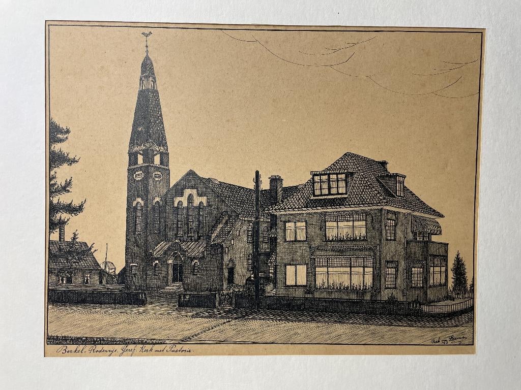 Berkel Rodenrijs Litho van gereformeerde kerk 1942, Ophalen of Verzenden
