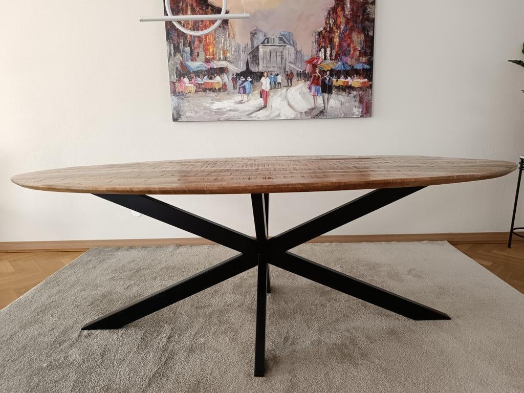 Haco Mango Houten Ovale Eettafel 220x100 cm, 200 cm of meer, 50 tot 100 cm, Zo goed als nieuw, Vijf personen of meer