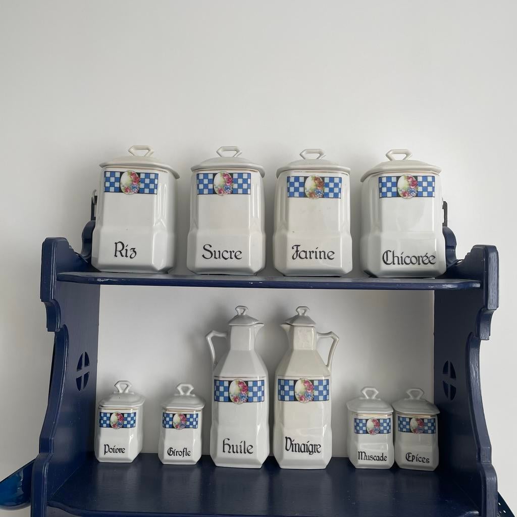 Vintage Frans Keukenservies: 10-delige set voorraadpotten, Gebruikt, Keramiek, Overige typen, Ophalen of Verzenden