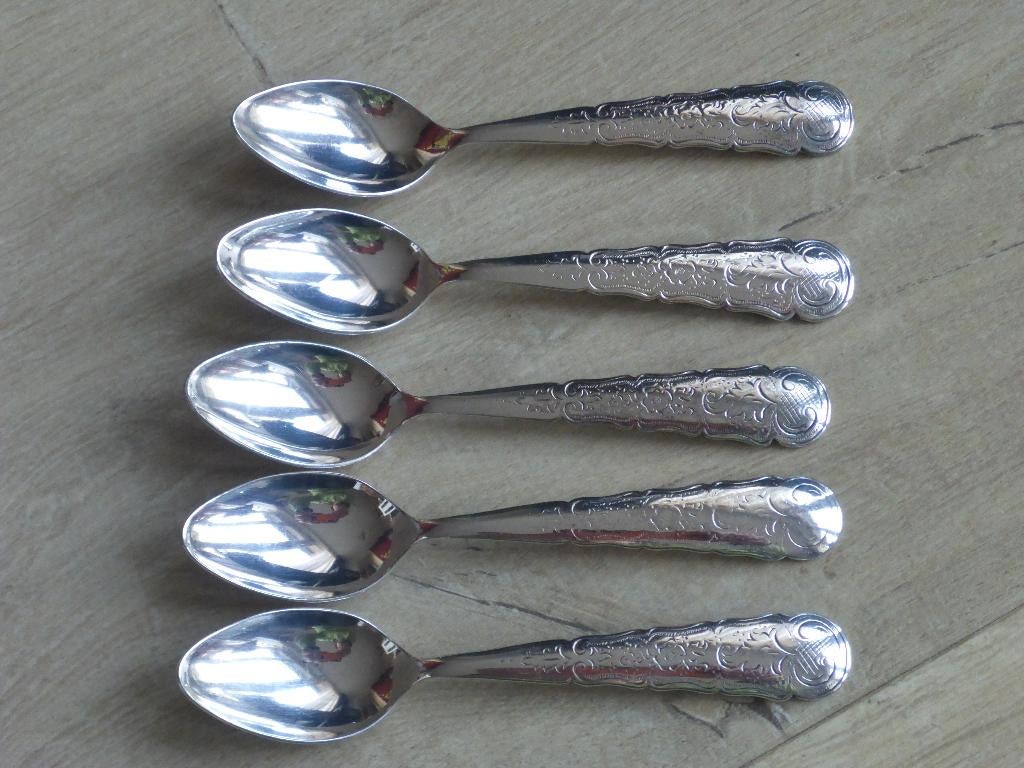 5 lepeltjes biedermeier stijl, Ophalen of Verzenden, Zo goed als nieuw, Zilver, Los bestek