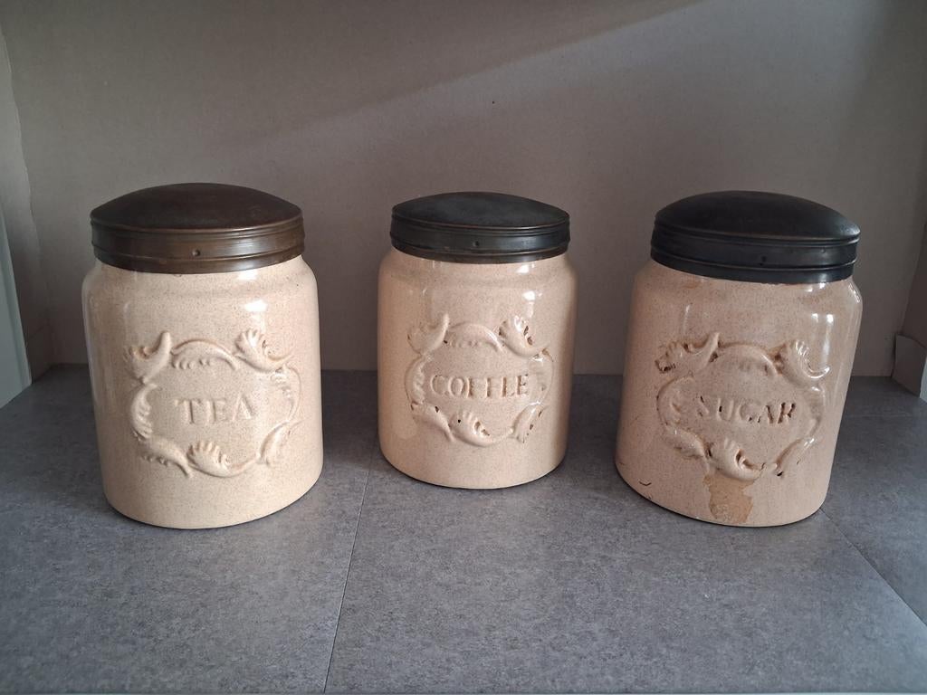 Vintage voorraadpotten set - Thee, Koffie, Suiker, Antiek en Kunst, Ophalen of Verzenden