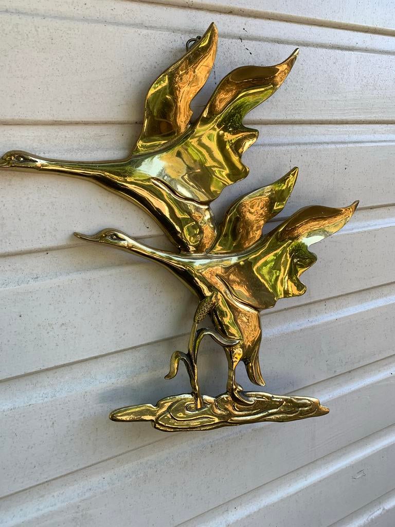 Vintage Messing Vogels Wanddecoratie - Vliegende Zwanen, Antiek en Kunst, Ophalen of Verzenden, Koper