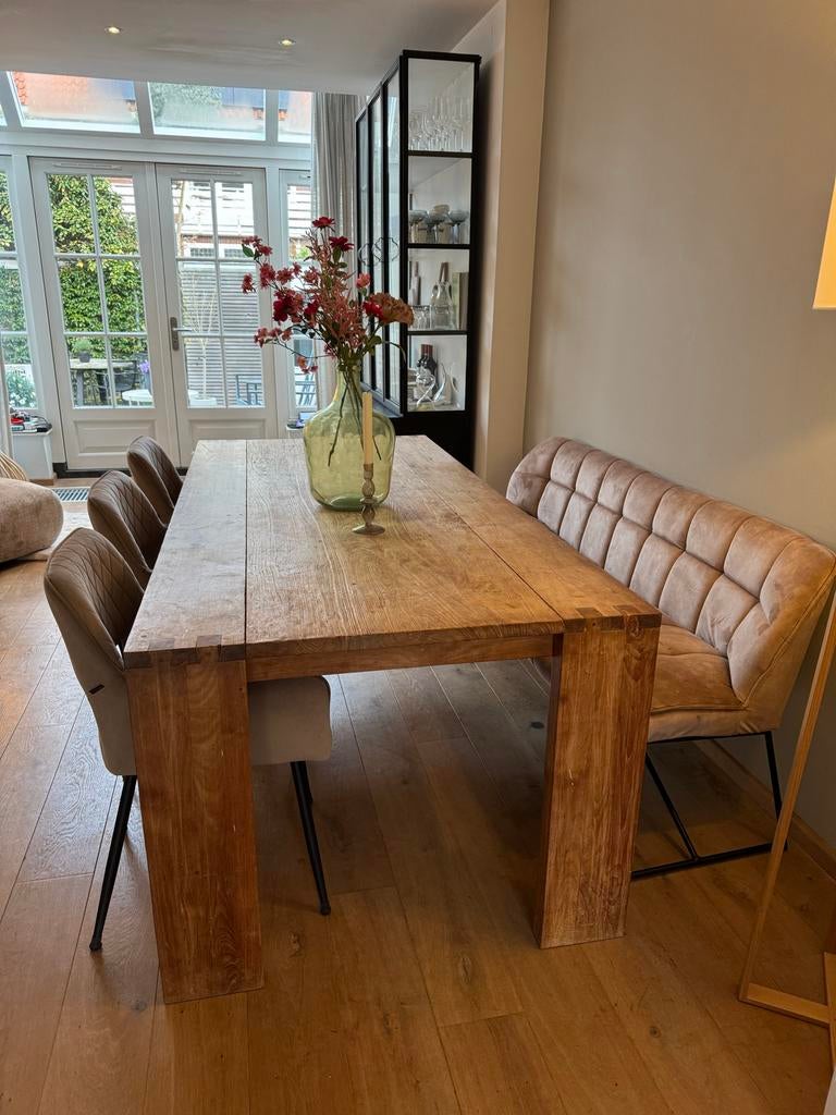 Teak eettafel Troubadour 220x100cm met lades, Gebruikt, 100 tot 150 cm, Teakhout, 200 cm of meer