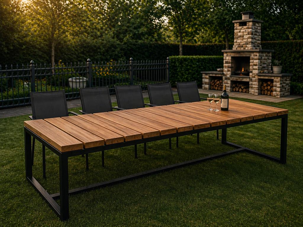 Luxe maatwerk tuintafel Afrormosia | 300x95 cm | Uniekdesign, Ophalen of Verzenden, Nieuw, Rechthoekig, Hout