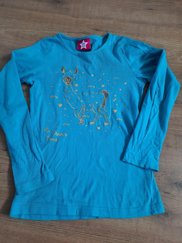 Blauw shirt met lama opdruk maat 128, Kinderen en Baby's, Kinderkleding | Maat 128, Ophalen of Verzenden, Zo goed als nieuw, Meisje