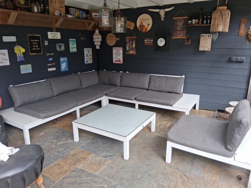 loungeset (Intratuin) met tafel en glasplaat, Tuin en Terras, Tuinsets en Loungesets, Ophalen, Gebruikt, Meer dan 8 zitplaatsen