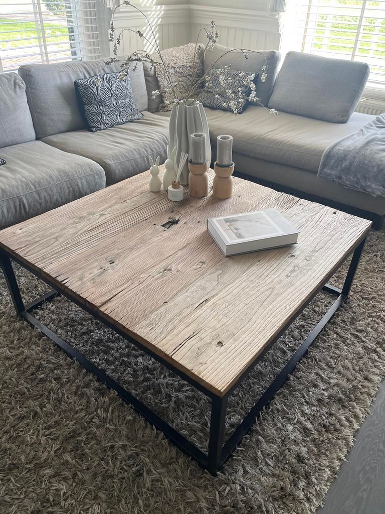 Grote salontafel, hout, wagondelen, Huis en Inrichting, Tafels | Salontafels, Vierkant, Landelijk, hotelchique, japandi, Zo goed als nieuw