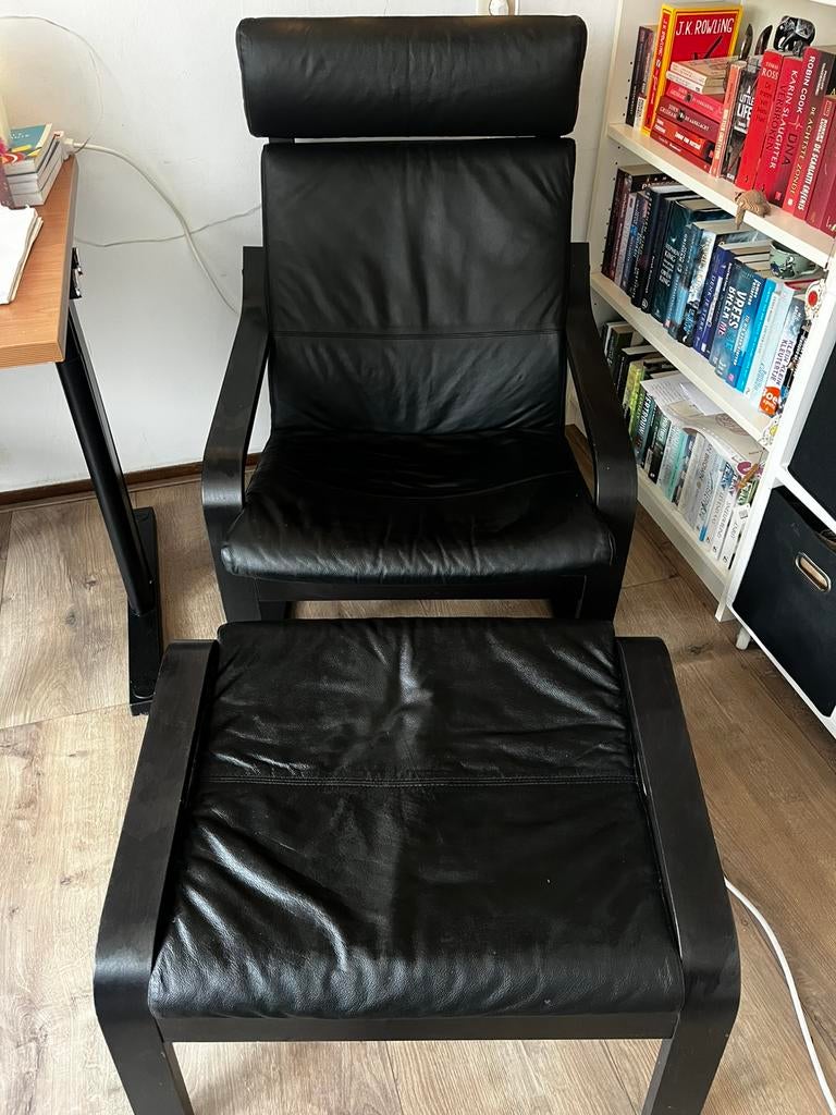POÄNG armstoel/wipstoel IKEA, echt leren bekleding, Ophalen, Zwart, Zo goed als nieuw, Eén