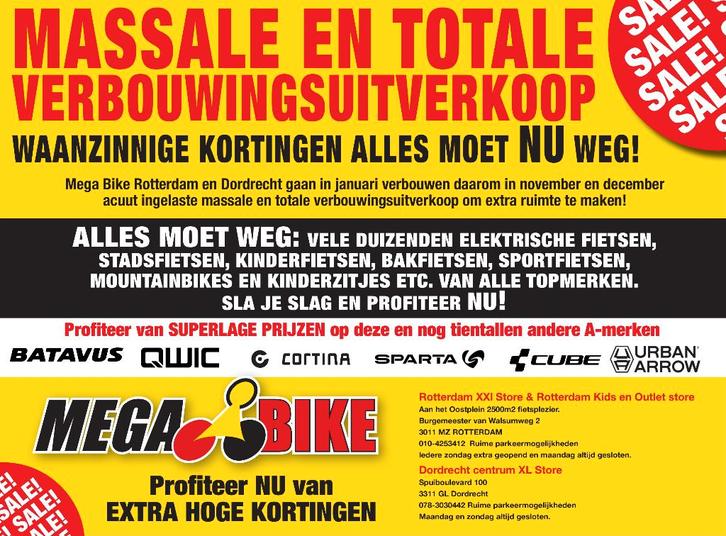 MASSALE EN TOTALE VERBOUWINGSUITVERKOOP MEGA BIKE, Fietsen en Brommers, Elektrische fietsen, Nieuw, Overige merken, Ophalen