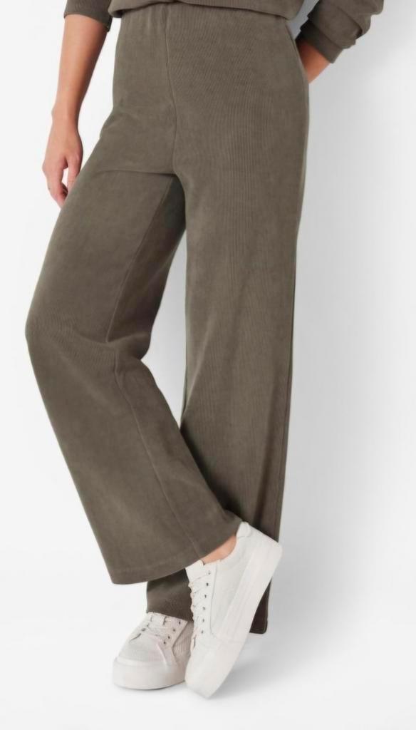 Kaki Geribde Flared broek zonder rits en knopen., Kleding | Dames, Broeken en Pantalons, Zo goed als nieuw, Maat 38/40 (M), Lang