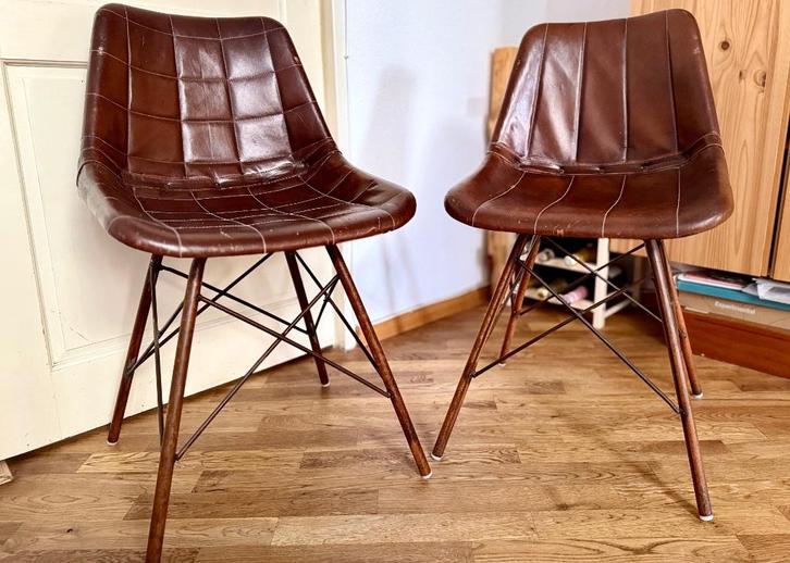 2 leren kuipstoelen - Vintage design - handgemaakt, Huis en Inrichting, Fauteuils, Zo goed als nieuw, Leer, Minder dan 50 cm, 75 tot 100 cm
