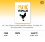Pathé Vrijkaart (2 stuks) geldig t/m 30 april a.s., Tickets en Kaartjes, Filmkaartjes, Vrijkaartje alle films, Bestemd voor 3D