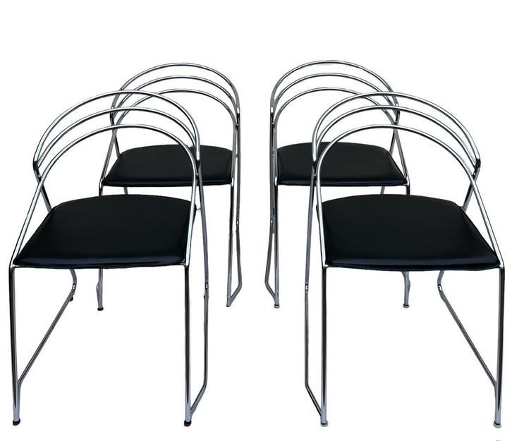 Vintage 80’s italiaans design chroom/zwart leer stoelen 4st, Huis en Inrichting, Stoelen, Zo goed als nieuw, Vier, Leer, Zwart