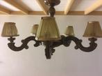 Antieke donkere houten hanglamp met 5 staande stoffen kapjes, Antiek en Kunst, Antiek | Lampen, Ophalen