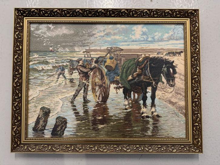 Geborduurd Schilderij - De Schelpenvisser, Antiek en Kunst, Antiek | Kleden en Textiel, Ophalen