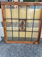 5 Antieke glas in MESSING raampjes in houten lijst, Ophalen of Verzenden, Zo goed als nieuw, Gevelraam of Ruit, Minder dan 80 cm