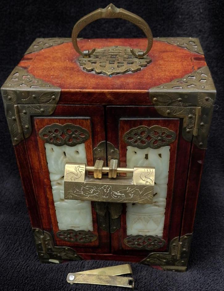 Chinees sieradenkistje-kastje oa. Mahonie & Brons bijz. slot, Antiek en Kunst, Curiosa en Brocante, Ophalen of Verzenden