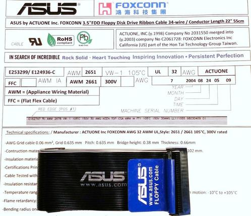 ASUS Floppy Disk Diskette Drive Flat Cable Kabel FDD Foxconn, Computers en Software, Vintage Computers, Ophalen of Verzenden