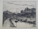 Ets beek met boten en dijk, A.J. Grootens, 1913, Antiek en Kunst, Verzenden