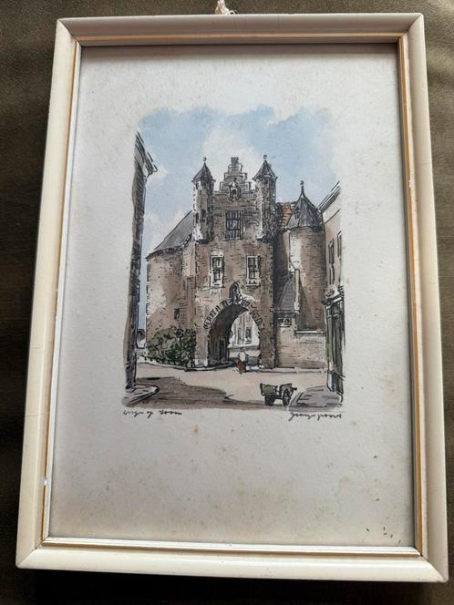 Ingelijste ets (?) gevangenpoort Bergen op Zoom kleur, Antiek en Kunst, Kunst | Tekeningen en Foto's, Ophalen of Verzenden