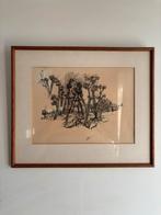Ingelijste prent van knotwilgen in schetsstijl, Antiek en Kunst, Ophalen of Verzenden