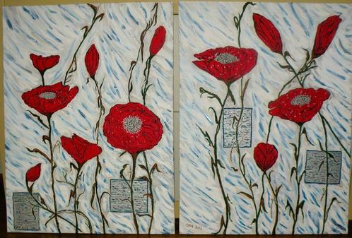 2 kleurrijke schilderijen Klaprozen samen 120 breed 80 hoog, Antiek en Kunst, Kunst | Schilderijen | Modern, Ophalen