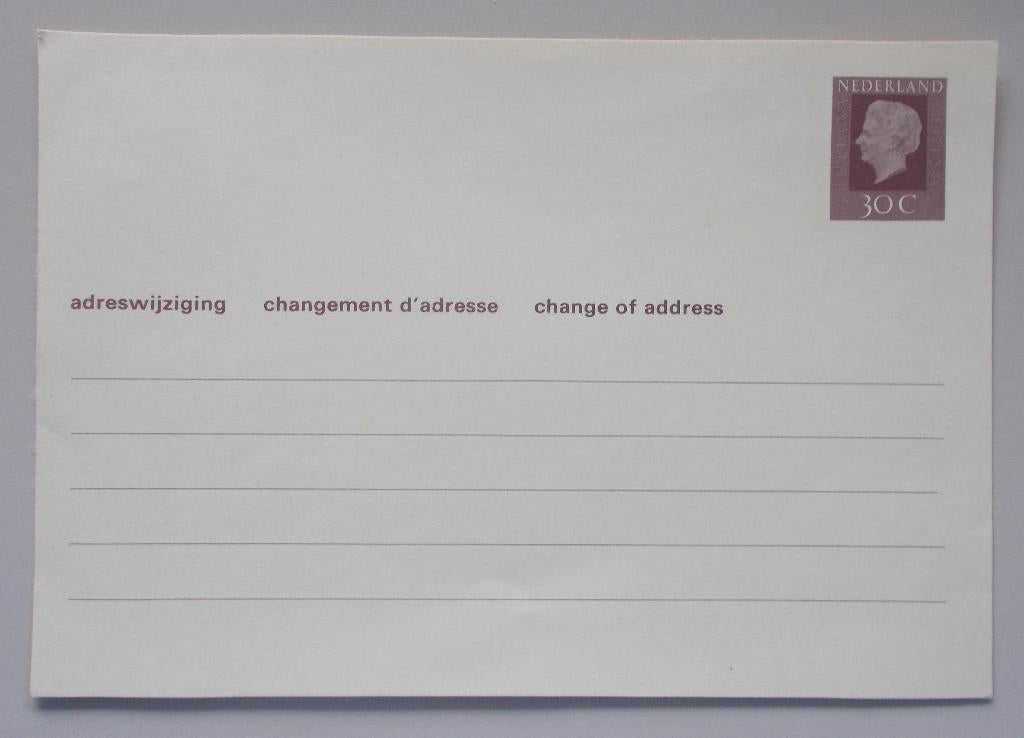 Nederland briefkaart adreswijziging PF juliana 30 cent, Ophalen of Verzenden, Briefkaart