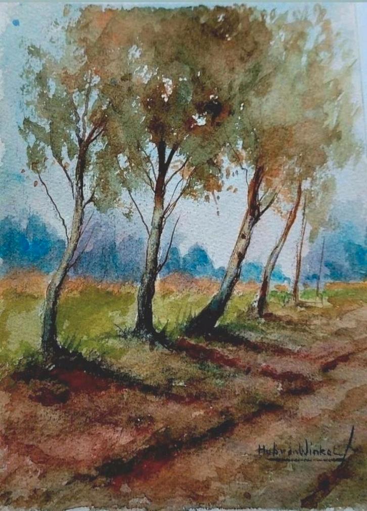 Aquarel.. 18 cm h x 13 cm b.
 ...Hub van Winkel ..., Antiek en Kunst, Kunst | Schilderijen | Klassiek, Ophalen of Verzenden