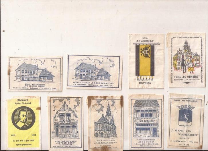 Bolsward 9 suikerzakjes 50/60er jaren, Verzamelen, Suikerzakjes, Nederland, Ophalen of Verzenden