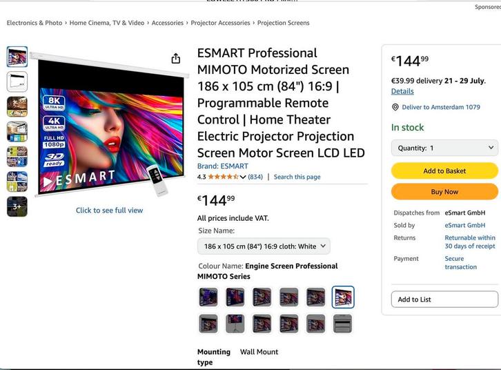 E-Smart Motorized Projector Screen 186x105cm, Audio, Tv en Foto, Beamer-accessoires, Nieuw, Ophalen