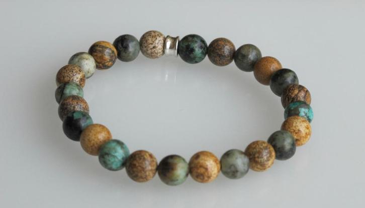 Herenarmband met Afrikaans turquoise en picture Jaspis, Sieraden, Tassen en Uiterlijk, Armbanden, Nieuw, Elastiek, Bruin, Met edelsteen