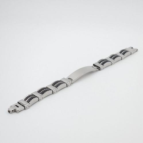 STIJLVOLLE ZILVER-ZWARTE RVS PLAATARMBAND, Sieraden, Tassen en Uiterlijk, Armbanden, Nieuw, Staal, Zilver, Verzenden