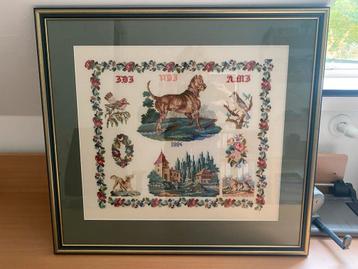 Antiek Kruissteek Borduurwerk 1886 - Hond, Kasteel beschikbaar voor biedingen